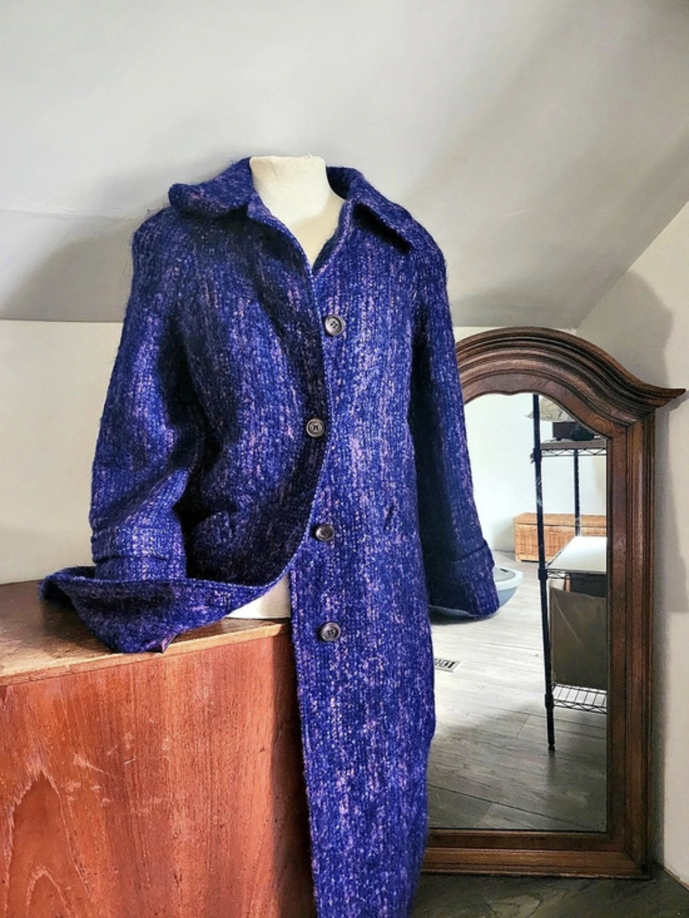 Serafina Purple Blue Button Front Coat Like New